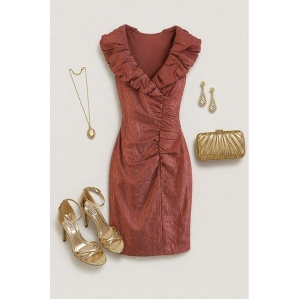 Victor Costa Vintage Rose Gold Shimmer Ruffle Portrait Neck Ruched Dress Size 4